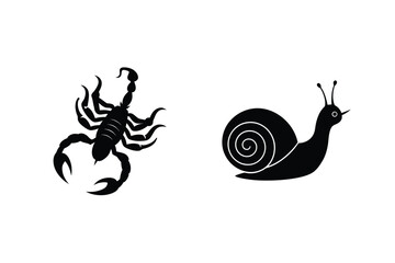 Isolated Silhouette Of A Scorpion And Snail On A White Background Vector