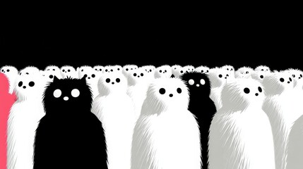 Black   White Fuzzy Creatures Crowd  Minimalist Art  Abstract Design