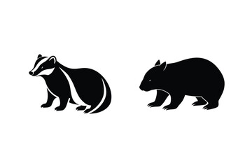 Black And White Silhouettes Of Badger And Wombat On A White Background