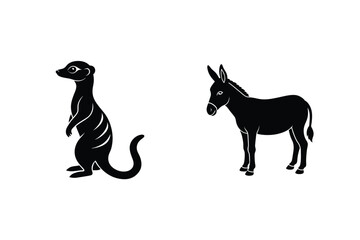 Meerkat Standing And Donkey Vector Illustration In Black Silhouettes On White Background