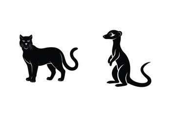 Black Cat And Ferret Standing Vector Illustration On White Background
