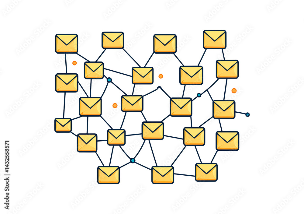 Poster email communication network diagram showing connections between various email accounts isolated on t