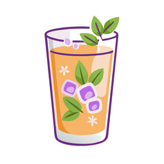 Refreshing cocktail glass with ice cubes and leaves