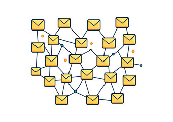 Email communication network diagram showing connections between various email accounts isolated on transparent background