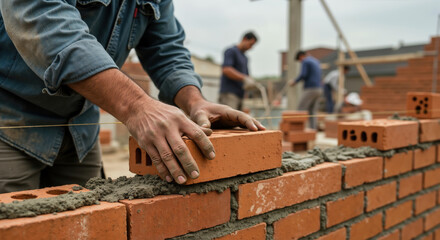 Mason hands placing red brick on wall with cement mortar. Bricklayer building exterior structure at construction site. Masonry techniques and building construction process