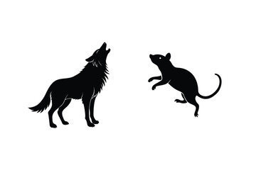 Howling Wolf And Leaping Rat Silhouette Isolated On White Background