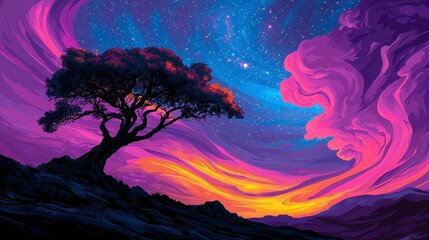 Solitary Tree at Sunset Under Starry Pixel Sky
