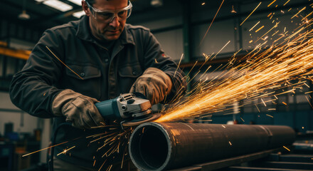 Man in safety glasses using angle grinder on metal pipe with orange sparks flying. Worker in dark uniform cutting steel with power tool. Metal fabrication and industrial manufacturing process