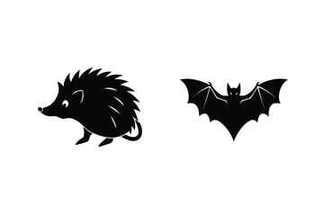 Simple Black Silhouettes Of A Hedgehog And Bat On A White Background