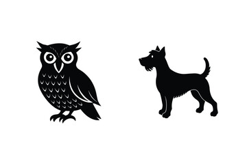 Black Silhouette Illustration Of Owl And Terrier Dog On White Background