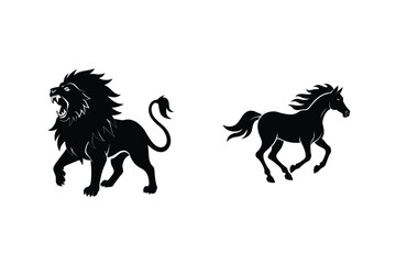 Silhouette Of Roaring Lion And Running Horse Black And White Animals Illustration