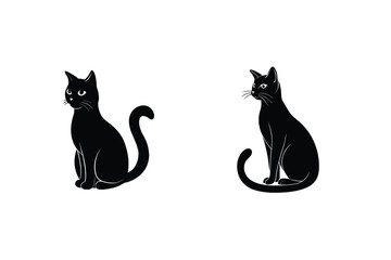 Two Black Cats Sitting Elegantly Vector Illustration On White Background