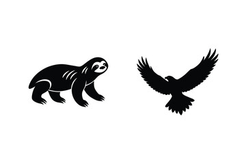 Black Sloth Walking And Silhouette Eagle Flying Against A White Background