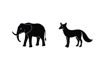 Silhouette Illustration Of An Elephant And Fox Isolated On White Background