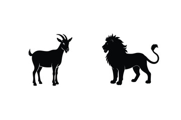 Black Silhouette Goat And Lion Animals Vector Illustration On White Background