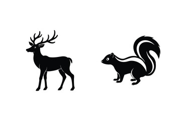 Obraz premium Deer And Skunk Black Silhouette Isolated On White Background Wildlife Illustration