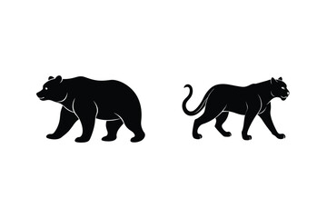 Silhouette Illustration Of Bear And Panther Walking On A White Background Design