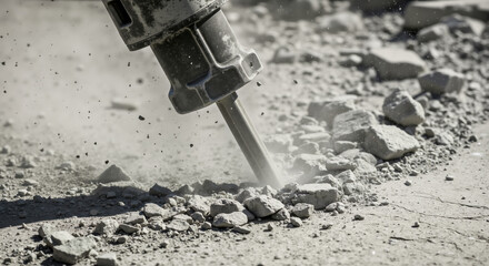 Close-up of jackhammer chisel breaking concrete with dust particles flying around. Construction demolition tool in action showing detailed texture of debris fragments for industrial safety awareness