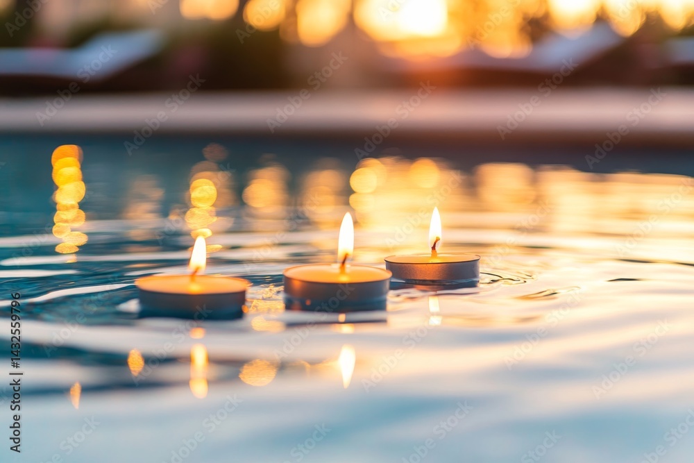 Poster softly glowing candles float on water, casting gentle reflections and creating a peaceful atmosphere