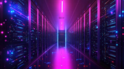 Futuristic server room with neon lights illuminating the digital infrastructure