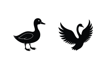 Duck And Swan Bird Black Silhouette Icons Vector Illustration Set Isolated