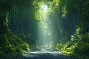 Obraz premium Sunlit path through bamboo forest, serene nature scene, perfect for travel brochures