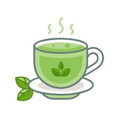 Hot green tea cup with leaves icon vector