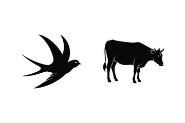 Black Silhouettes Of A Flying Swallow And A Standing Cow On White Background