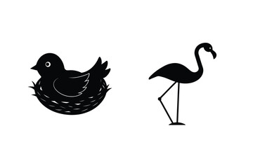 Black Bird In Nest And Flamingo Silhouettes Simple Isolated