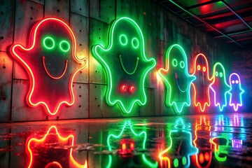 Colorful neon ghost lights on industrial wall with glowing reflections, creating a fun, vibrant, and playful Halloween atmosphere perfect for party decor.