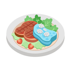 Cartoon steak dinner with blue side and salad