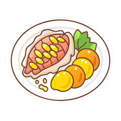 Salmon Steak with Potatoes Cartoon on Black Background