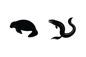 Simple Black Silhouette Illustration Of A Manatee And Eel On White Background