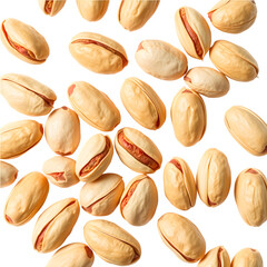 Obraz premium A scattering of creamy, pale-yellow pistachios against a black backdrop. The nuts are in sharp focus, showcasing their natural texture and color.