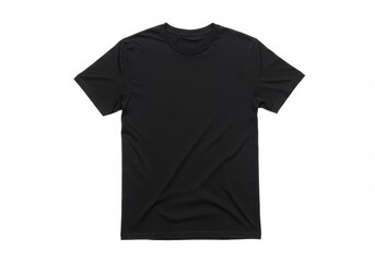 A simple black t shirt laid out flat on a white background showcasing its basic design and shape well