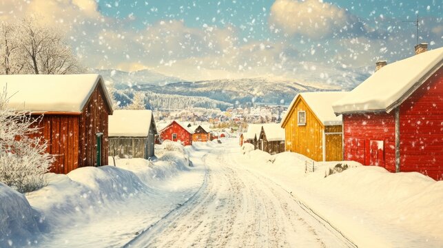 Winter wonderland a picturesque snow covered road leading to a colorful village nestled in the valley beneath snow kissed mountains