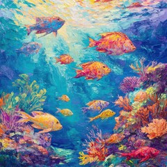 Naklejka premium Vibrant coral reef teeming with colorful fish. Sunlight streams through the water, illuminating the marine life