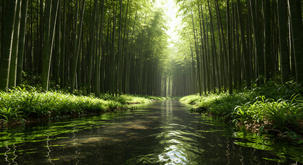 Obraz premium Bamboo forest landscape with water stream flowing through