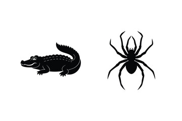 Alligator And Spider Silhouette Vector Illustrations Reptile Insect Isolated Black And White