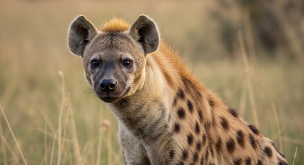 Close up portrait of spotted hyena with intense gaze in savanna grassland. Wild predator with distinctive facial features. Wildlife conservation awareness and nature documentary educational materials