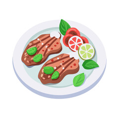 Grilled steak with fresh vegetables on white plate