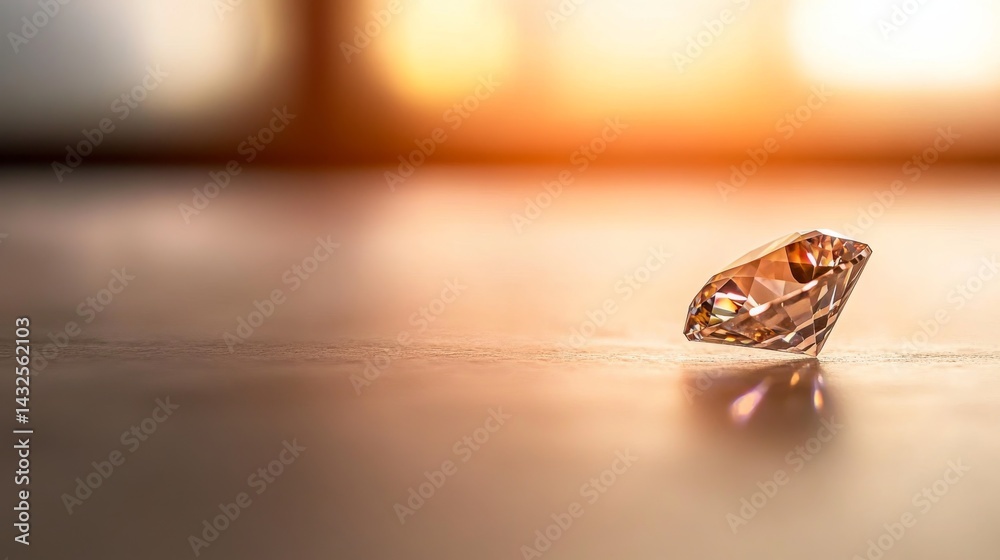 Fototapete A radiant diamond rests on a soft surface, showcasing its sparkling brilliance and intricate facets. The light reflections create a stunning visual display