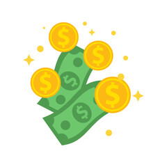 Floating Golden Coins and Green Dollar Bills with Yellow Sparkles