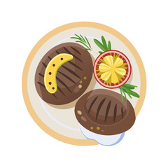 Grilled steak vector illustration with garnish on plate