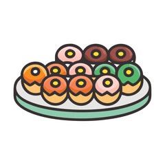 Colorful cartoon donuts on a plate over black