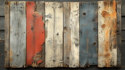 Wooden planks with red, white, & blue peeling paint