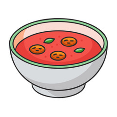Delicious tomato soup bowl with meatballs and basil