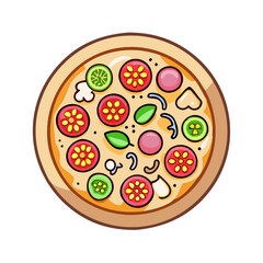Cartoon Pizza with Vegetables and Herbs Illustration