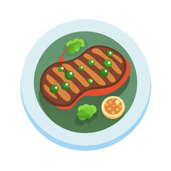 Cartoon Grilled Steak with Vegetables on a Plate