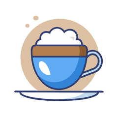 Blue coffee cup with foam on a saucer